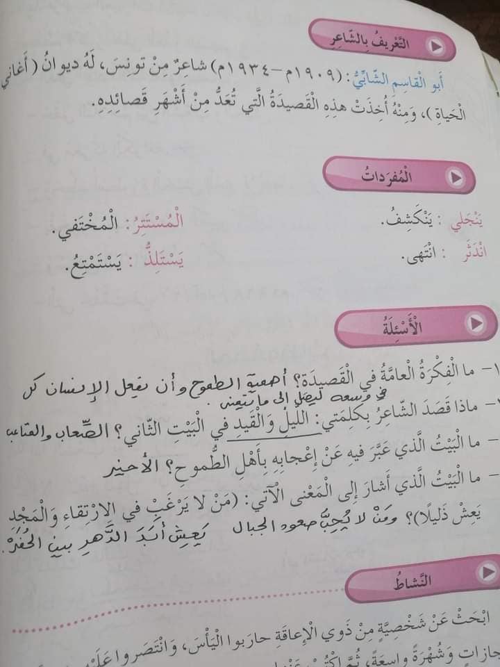 بالصور شرح قصيدة إرادة الحياة للشاعر التونسي أبو القاسم الشابي للصف الخامس الفصل الثاني 2022